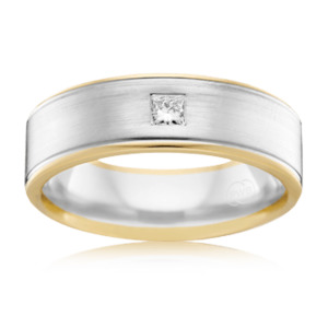 Mens Wedding Rings: Mens Yellow and White Gold Wedding Ring with Princess Cut Diamond