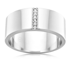 Mens Wedding Rings: Men's Flat Round White Gold Wedding Ring with Diamond Strip