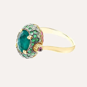 Nanis Reverse: Nanis Gold, Sapphire, Green Labradorite and Rock Crystal Double Face Ring (Medium)