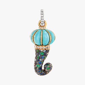 Pendants With Chain: Chantecler Campanella Horn Charm Yellow Gold, Turquoise & Diamonds