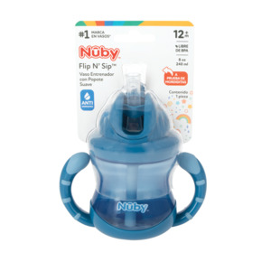 Nuby 2 Handle Cup With Fat Flip it Straw Top 240ml - Blue