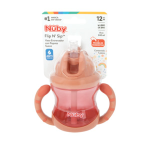 Nuby 2 Handle Cup With Fat Flip it Straw Top 240ml - Pink