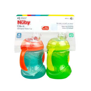 Nuby Clik-It Soft Spout Grip N Sip Cup 300ml 2 Pack - Aqua/Green