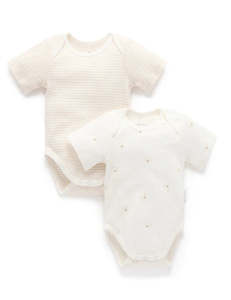 Purebaby Essentials: Purebaby 2 Pack Easy Neck Short Sleeve Bodysuit - Vanilla Bear Pack