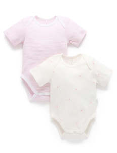 Purebaby 2 Pack Easy Neck Short Sleeve Bodysuit - Pale Pink Bear Pack