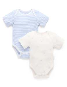 Purebaby 2 Pack Easy Neck Short Sleeve Bodysuit - Pale Blue Bear Pack