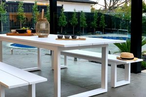 Dining Sets: The Long Lunch Range: 2.4M outdoor dining table & 2 bench seats (white) - Outside Space