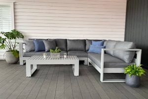 Aluminium Lounge Suites: Bask Corner Outdoor Modular Sofa & Coffee Table (grey frame) - Outside Space