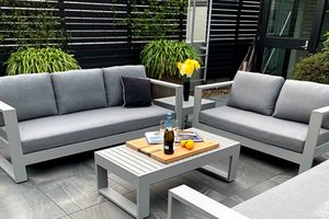 Bask Outdoor Lounge Set: 3-seater, 2-seater & coffee table (grey frame) - Outside Space
