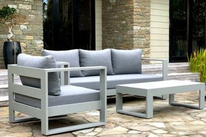 Sunbrella Outdoor Lounge Suites: Bask Outdoor Set: 3-Seater Sofa, Chair, Coffee Table (grey frame) - Outside Space