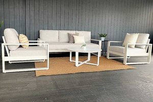 Aluminium Lounge Suites: Unwind Range: Bone 3-seater sofa, 2 single chairs & Stella round coffee table - Outside Space