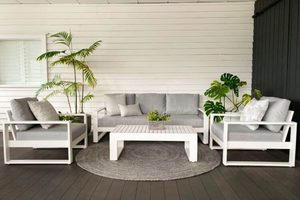 Sunbrella Outdoor Lounge Suites: Unwind Range: White 3-seater sofa, 2 single chairs & coffee table - Outside Space