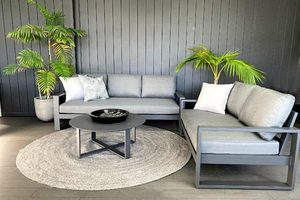 Sunbrella Outdoor Lounge Suites: Unwind Range: 3-seater, 2-seater & Stella round coffee table (charcoal frame) - Outside Space