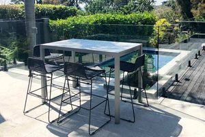 Bar Table sets: Dinner at Ours Range: 1.4 M Grey Outdoor Bar Table & 4 Rakino Bar Chairs - Outside Space