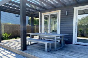 Dining Sets: The Long Lunch Range: 2.4M outdoor dining table, & 2 bench seats (grey) - Outside Space