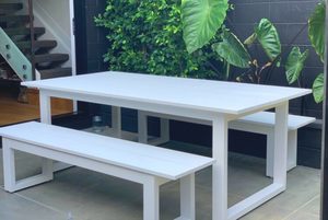 Dining Sets: LONG LUNCH WHITE 2M TABLE/2 BENCHES - Outside Space
