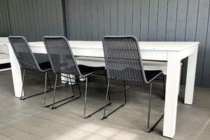 Dining Sets: Alfresco Range: White 2.2M Outdoor Table,1 Bench & 3 Rakino Chairs (2 chair colours) - Outside Space