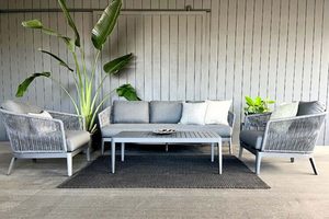 Aluminium Lounge Suites: Haven Rope Range: 3-seater sofa, 2x single chairs & coffee table (charcoal frame/fabric) - Outside Space