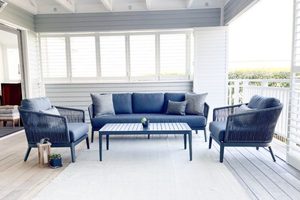Aluminium Lounge Suites: Haven Rope Range: 3-seater sofa, 2x single chairs & coffee table (charcoal frame/fabric) - Outside Space