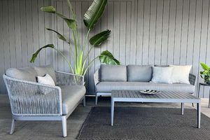 Aluminium Lounge Suites: Haven Rope Range: 3-seater sofa, 2-seater sofa & coffee table (charcoal frame/fabric) - Outside Space
