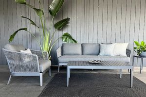 Aluminium Lounge Suites: Haven Rope Range: 3-seater sofa, single chair & coffee table (charcoal frame/fabric) - Outside Space