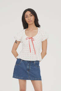 Huffer Bardot Celine Top - Chalk/Red