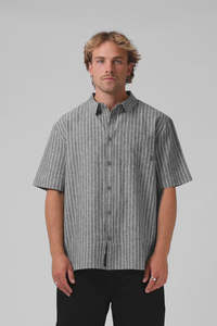 Mens Shirts: RPM Linen Stripe SS Shirt - Black Stripe