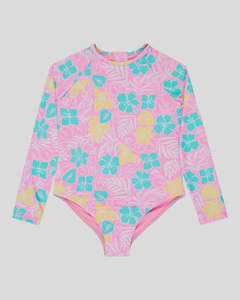 Roxy: Roxy Girls 2-7 Tropical Square LS Onesie Swimsuit - Bonbon Hibiscus