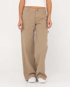 Womens Pants: Rusty Billie Low Wide Canvas Carpenter Pant - Khaki