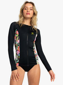 Womens Rashies: Roxy Active LS Zipped Rashie Lycra - Anthracite Floral Escape
