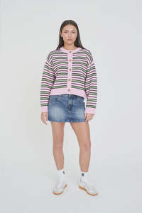 Huffer: Huffer Bobby Knit Cardigan - Pink/Meadow