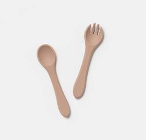 Silicone Bibs: Silicone Fork and Spoon Set in Almond