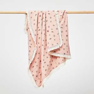 Essentials: Organic Muslin Blanket with Boho Tassel Fringe Sunny Blush/Plum
