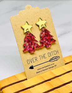 Dangly Earrings: Dangles - Little Pink sparkly tree