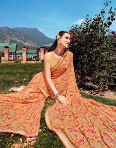 Digitally Printed Georgette Saree in Peach Orange