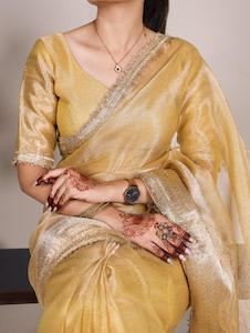 Saree: Golden Yellow Celeste Shimmer Tissue Sarees