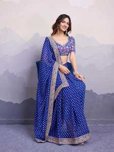 Royal Blue Georgette Printed Saree with Embroidered Border