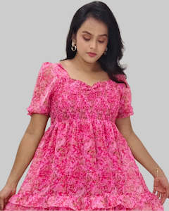 Pink Floral Smocked Maxi Dress with Puff Sleeves