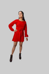Crepe A-Line Mini Dress with Belted Knot & Bishop Sleeves