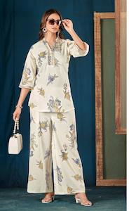 Co Ord Sets: Elegant Floral Print Embroidered Pure Cotton Top With Palazzos Co-Ord Set