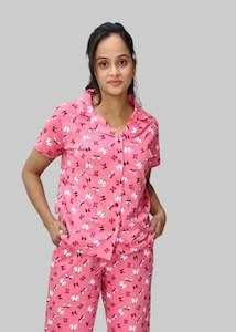 Co Ord Sets: Cotton Floral Top & Pyjama Set – Button-Down Collar, Short Sleeves