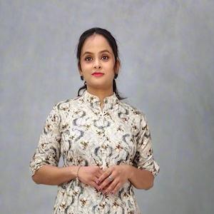 Cream-Grey Co-Ord Set with Abstract Prints, Mandarin Collar & Wide Pants