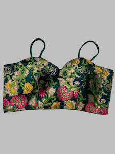 Elegant Floral Noodle Strap Blouse – Dark Green with Vibrant Detailing