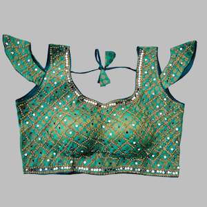 Saree Blouses: Green Silk Choli Blouse with Gold and Mirror Embellishments