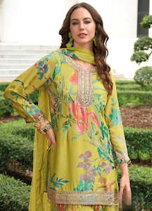 Sharara Suit: Sunshine Mustard Floral Luxe Party Wear Sharara Suits for Women