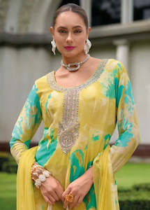 Sharara Suit: Turquoise Yellow Dream Luxe Party Wear Sharara Suits for Women