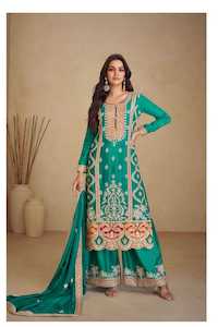 Sharara Suit: Designer Chinon Party Wear Dress - Mirror & Embroidery Work