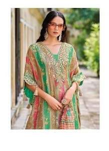 Kaftan: Elegant Multicolor Kaftan Style Embroidered Suit Set - Green