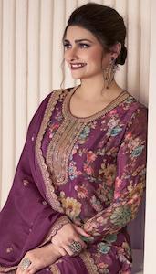 Designer Suits: Plum Purple Floral Chinon Exclusive Plus Size Designer Embroidered Suit Sets!
