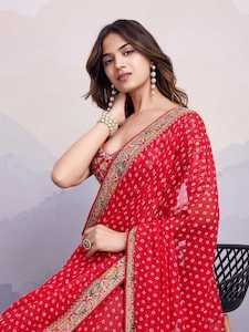 Georgette Collection: Red Georgette Printed Saree with Embroidered Border – Grace Meets Glamour